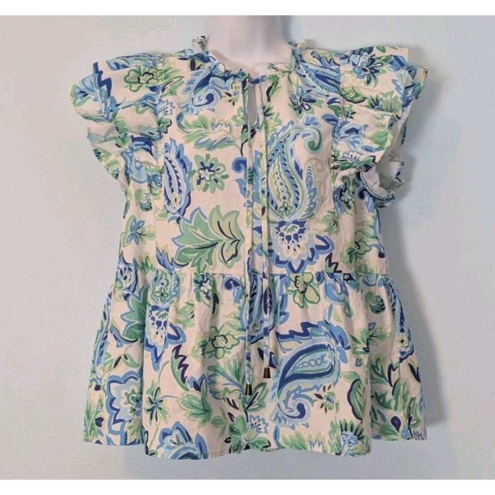 Entro Peplum Top Womens Medium Ruffle Sleeve Blue Green 100% Cotton Keyhole Neck